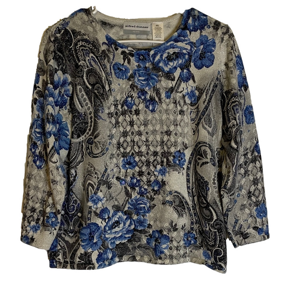 ALFRED DUNNER  Paisley Floral Crew Neck Sweater, Women’s XLP, Blue Grey - Picture 1 of 5